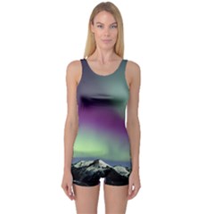 Aurora Stars Sky Mountains Snow Aurora Borealis One Piece Boyleg Swimsuit by Ket1n9