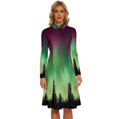 Aurora Borealis Northern Lights Long Sleeve Shirt Collar A-line Dress by Ket1n9