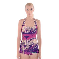 Pink City Retro Vintage Futurism Art Boyleg Halter Swimsuit  by Ket1n9