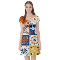 Mexican Talavera Pattern Ceramic Tiles With Flower Leaves Bird Ornaments Traditional Majolica Style Short Sleeve Skater Dress by Ket1n9
