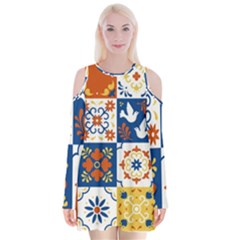 Mexican Talavera Pattern Ceramic Tiles With Flower Leaves Bird Ornaments Traditional Majolica Style Velvet Long Sleeve Shoulder Cutout Dress by Ket1n9