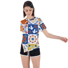 Mexican Talavera Pattern Ceramic Tiles With Flower Leaves Bird Ornaments Traditional Majolica Style Asymmetrical Short Sleeve Sports T-shirt by Ket1n9