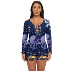 Marine Seamless Pattern Thin Line Memphis Style Long Sleeve Boyleg Swimsuit by Ket1n9