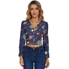 Space Galaxy Planet Universe Stars Night Fantasy Long Sleeve V-neck Top by Ket1n9