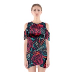 Vintage Flash Tattoos Designs Seamless Pattern Shoulder Cutout One Piece Dress by Hannah976