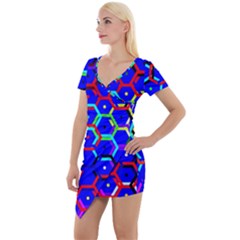 Blue Bee Hive Pattern Short Sleeve Asymmetric Mini Dress by Hannah976
