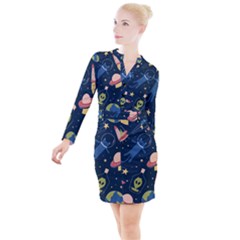 Seamless Pattern With Funny Alien Cat Galaxy Button Long Sleeve Dress by Ndabl3x