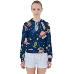 Seamless Pattern With Funny Alien Cat Galaxy Women s Tie Up Sweat by Ndabl3x