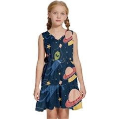 Seamless Pattern With Funny Alien Cat Galaxy Kids  Sleeveless Tiered Mini Dress by Ndabl3x