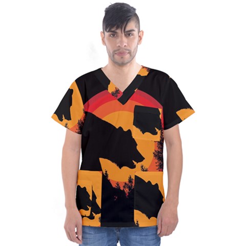 Forest Bear Silhouette Sunset Men s V-neck Scrub Top by Cendanart