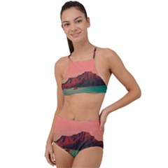 Brown Mountain Illustration Sunset Digital Art Mountains Halter Tankini Set by Cendanart