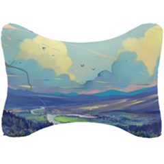 Mountains And Trees Illustration Painting Clouds Sky Landscape Seat Head Rest Cushion by Cendanart
