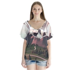 White And Brown Mountain Illustration Digital Art V-neck Flutter Sleeve Top by Cendanart