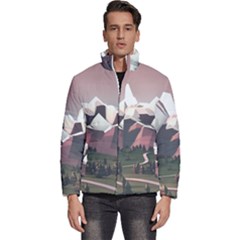 White And Brown Mountain Illustration Digital Art Men s Puffer Bubble Jacket Coat by Cendanart