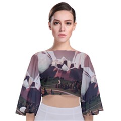 White And Brown Mountain Illustration Digital Art Tie Back Butterfly Sleeve Chiffon Top by Cendanart
