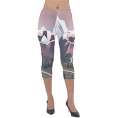 White And Brown Mountain Illustration Digital Art Lightweight Velour Capri Leggings  by Cendanart