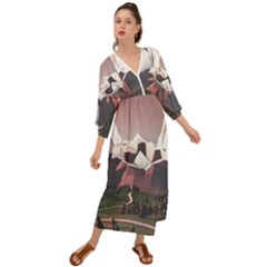 White And Brown Mountain Illustration Digital Art Grecian Style  Maxi Dress by Cendanart