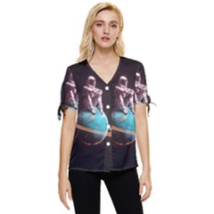 Stuck On Saturn Astronaut Planet Space Bow Sleeve Button Up Top by Cendanart