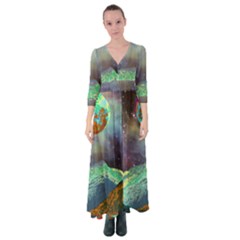 Psychedelic Universe Color Moon Planet Space Button Up Maxi Dress by Cendanart