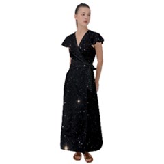 Sky Black Star Night Space Edge Super Dark Universe Flutter Sleeve Maxi Dress by Cendanart