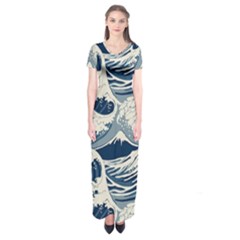 Japanese Wave Pattern Short Sleeve Maxi Dress by Cendanart