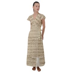 Vintage Beige Music Notes Flutter Sleeve Maxi Dress by Cendanart