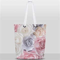 Pastel Rose Flower Blue Pink White Full Print Rope Handle Tote (small) by Cemarart