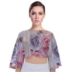 Pastel Rose Flower Blue Pink White Tie Back Butterfly Sleeve Chiffon Top by Cemarart