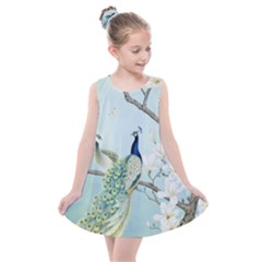 Couple Peacock Bird Spring White Blue Art Magnolia Fantasy Flower Kids  Summer Dress by Ndabl3x