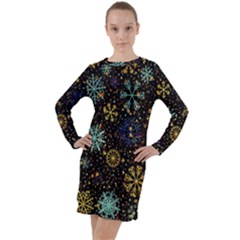 Gold Teal Snowflakes Long Sleeve Hoodie Dress by Grandong
