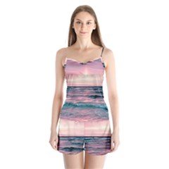 Sunset Ocean Beach Catcher Dream Evening Night Sunset Satin Pajamas Set by Cemarart