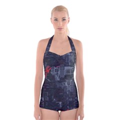 Abstract Tech Computer Motherboard Technology Boyleg Halter Swimsuit  by Cemarart