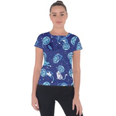 Cat Astronaut Space Suit Pattern Short Sleeve Sports Top  by Cemarart