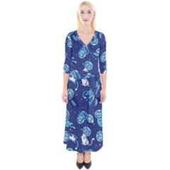 Cat Astronaut Space Suit Pattern Quarter Sleeve Wrap Maxi Dress by Cemarart