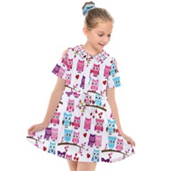 Owl Pattern Kids  Short Sleeve Shirt Dress by Cemarart