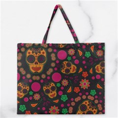 Skull Colorful Floral Flower Head Zipper Large Tote Bag by Cemarart