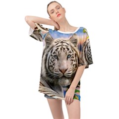 White Tiger Peacock Animal Fantasy Water Summer Oversized Chiffon Top by Cemarart