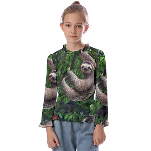 Sloth In Jungle Art Animal Fantasy Kids  Frill Detail T-shirt by Cemarart