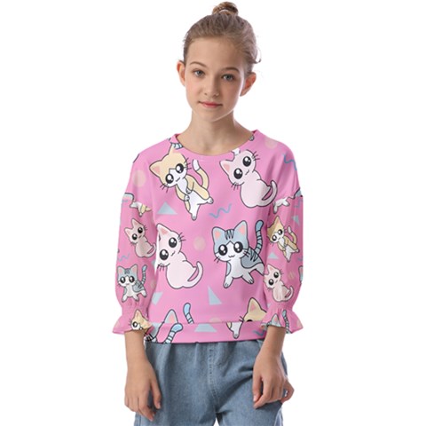 Cute Animal Little Cat Seamless Pattern Kids  Cuff Sleeve Top by Cemarart