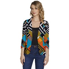 Retro Pattern Abstract Art Colorful Square Women s One-button 3/4 Sleeve Short Jacket by Ndabl3x