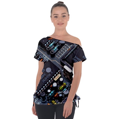 Motherboard Board Circuit Electronic Technology Off Shoulder Tie-up T-shirt by Cemarart