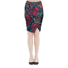 Vintage Flash Tattoos Designs Seamless Pattern Midi Wrap Pencil Skirt by Bedest