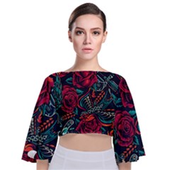 Vintage Flash Tattoos Designs Seamless Pattern Tie Back Butterfly Sleeve Chiffon Top by Bedest