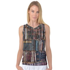 Assorted Title Of Books Piled In The Shelves Assorted Book Lot Inside The Wooden Shelf Women s Basketball Tank Top by Bedest