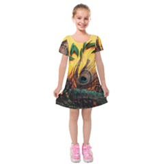 City Light Sky Landmark Painting Kids  Short Sleeve Velvet Dress by Cemarart