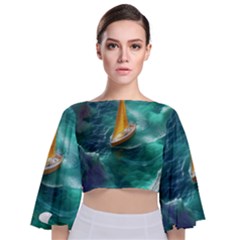 Double Exposure Flower Tie Back Butterfly Sleeve Chiffon Top by Cemarart