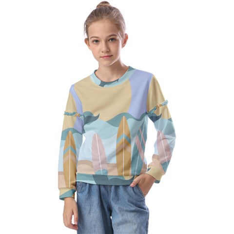 Beach Sea Surfboards Water Sand Drawing  Boho Bohemian Nature Kids  Long Sleeve T-shirt With Frill  by Grandong