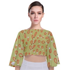 Pattern Leaves Print Background Tie Back Butterfly Sleeve Chiffon Top by Cemarart