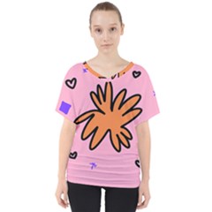 Doodle Flower Sparkles Orange Pink V-neck Dolman Drape Top by Cemarart