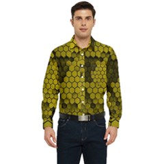 Yellow Hexagons 3d Art Honeycomb Hexagon Pattern Men s Long Sleeve Pocket Shirt  by Cemarart